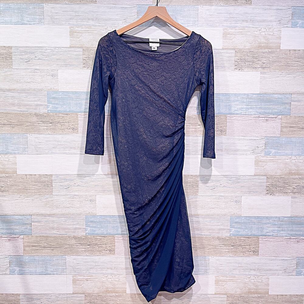 REISS Ruched Floral Mesh Overlay Bodycon Dress Blue Cream 3/4 Sleeve Womens 4